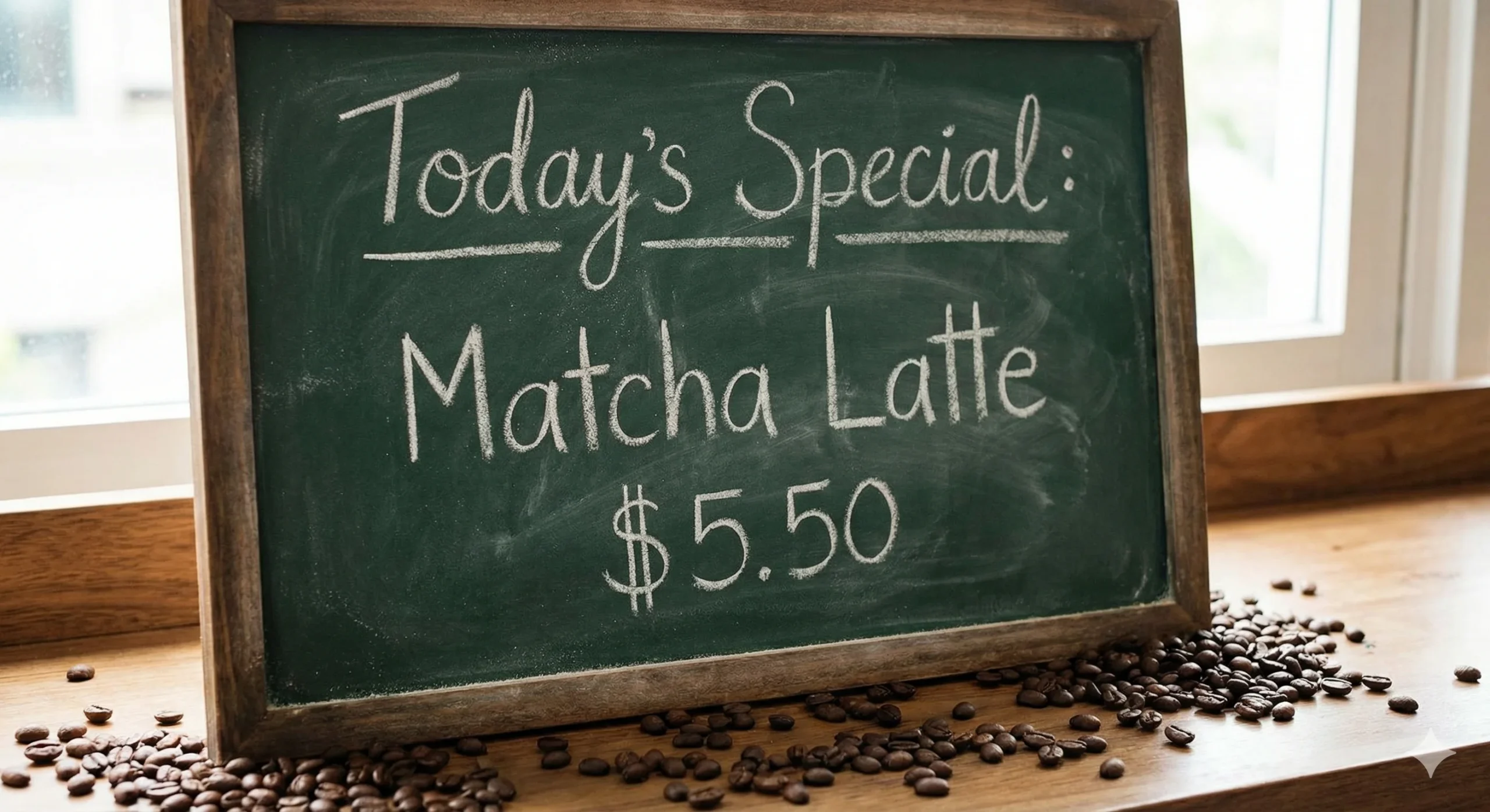 P1 1回目: Nano Banana Pro — 横長、木枠黒板と窓辺の自然光