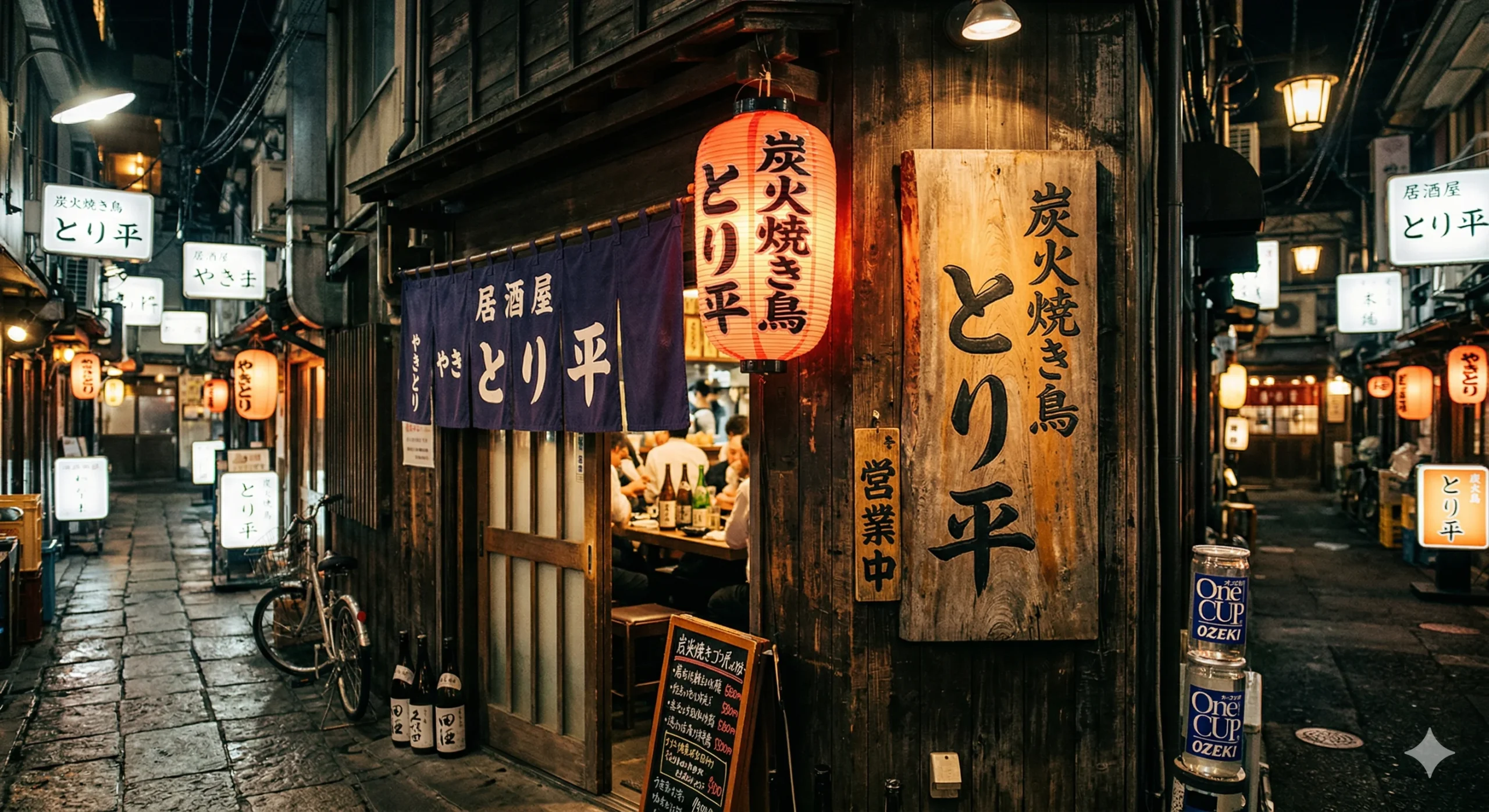 P2 1回目: Nano Banana 2 — 路地裏全体の描き込み、とり平が複数箇所に出現