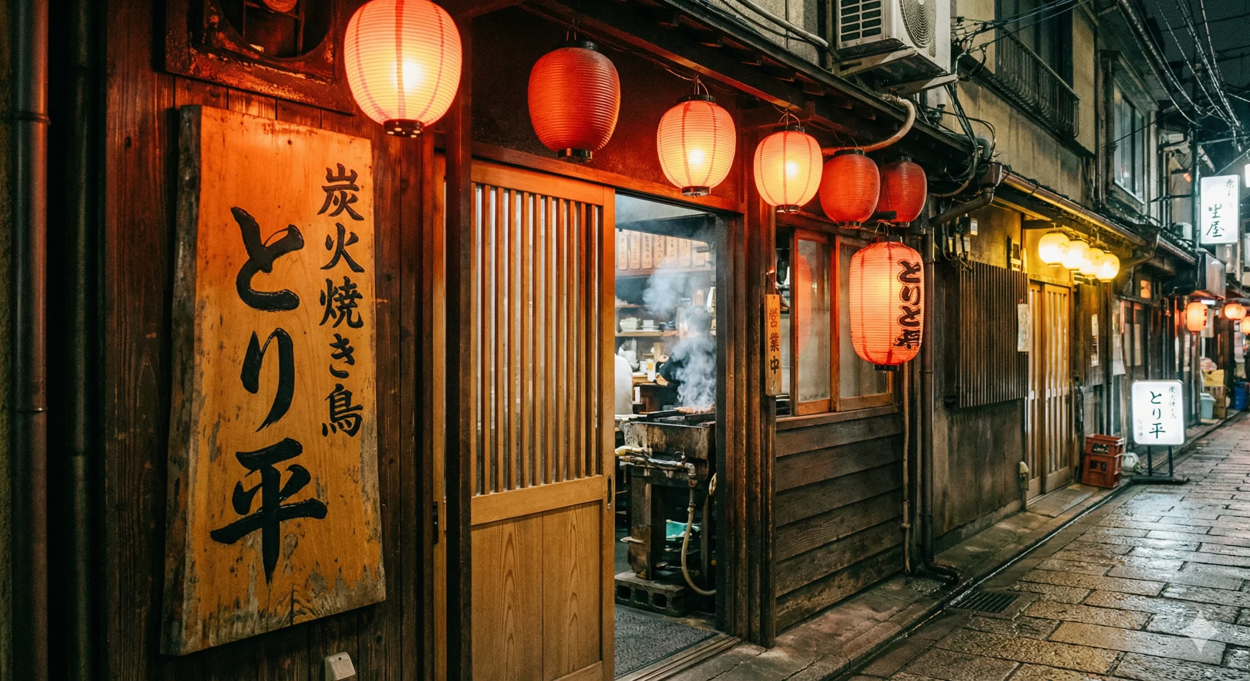 P2 1回目: Nano Banana Pro — 提灯の列と湯気、生活感のある路地裏