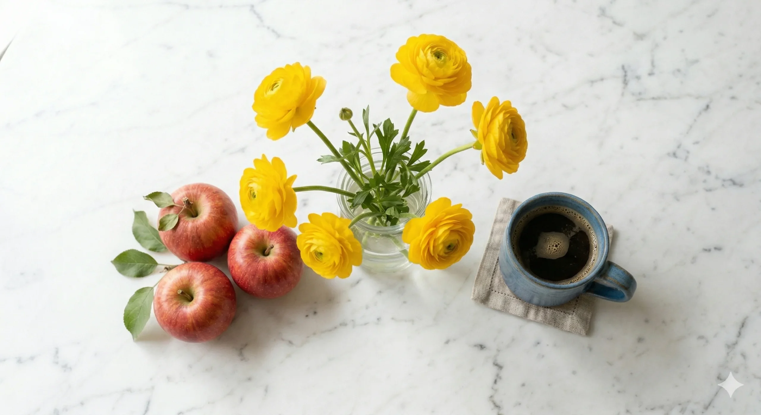 P5 1回目: Nano Banana 2 — リンゴ3個だが斜俯瞰、花瓶入り