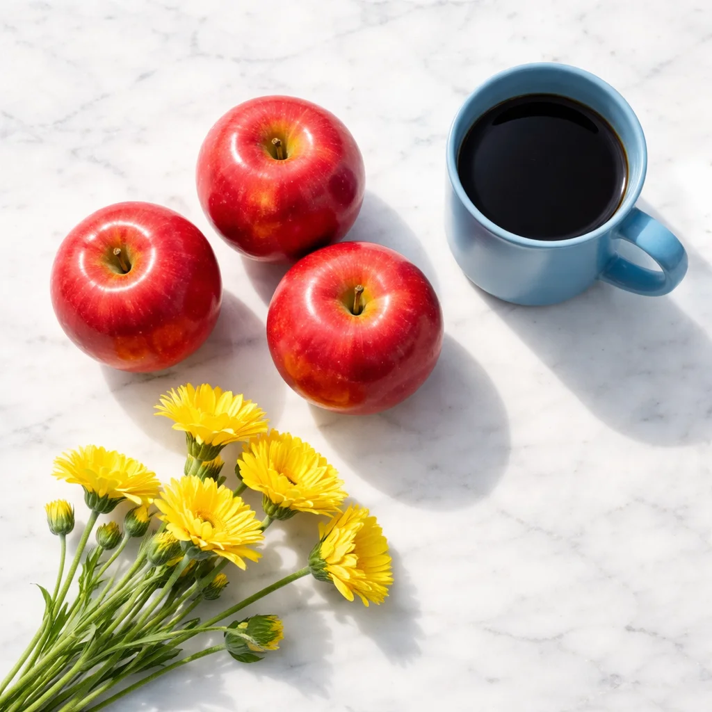 P5 2回目: ChatGPT — リンゴ3個、青マグ1個、真俯瞰で安定