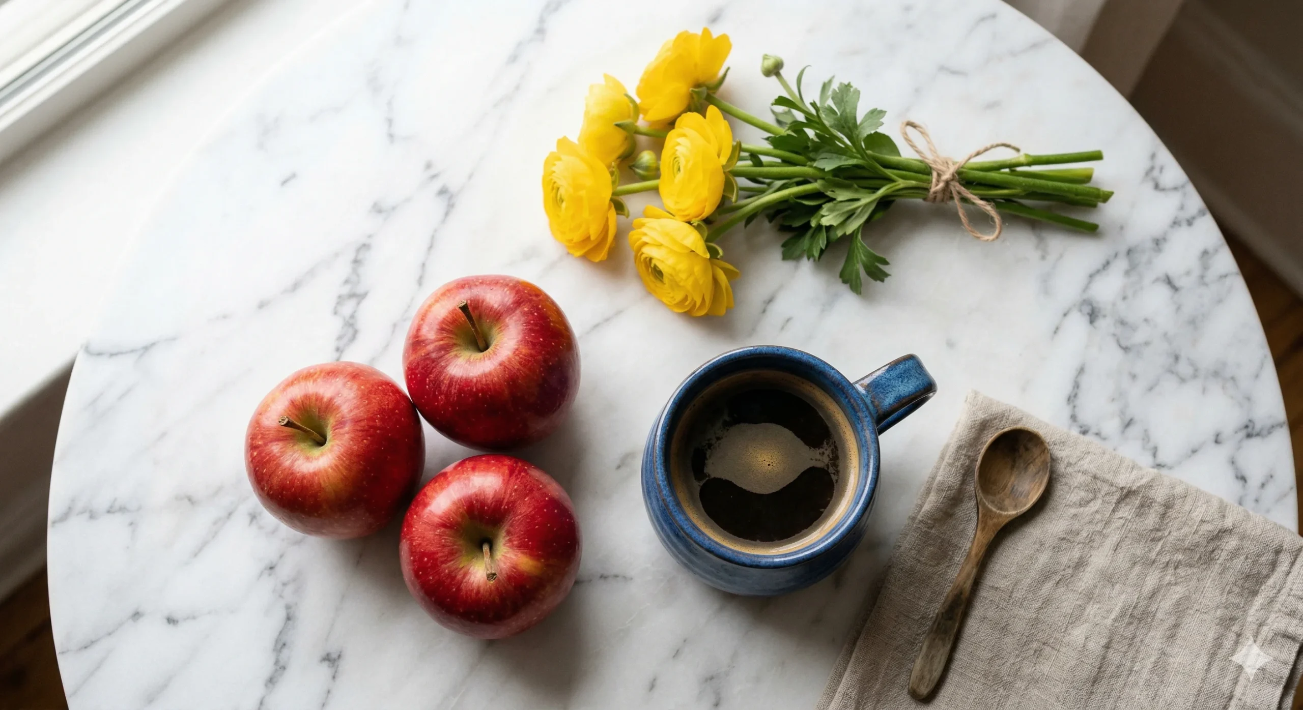 P5 2回目: Nano Banana 2 — リンゴ3個、斜俯瞰