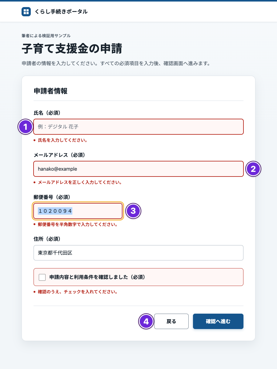 Skillを指定せずに生成した申請フォーム。氏名の入力例、メール欄の幅、郵便番号欄のフォーカス表示、「戻る」ボタンの位置に①から④の番号が付いている