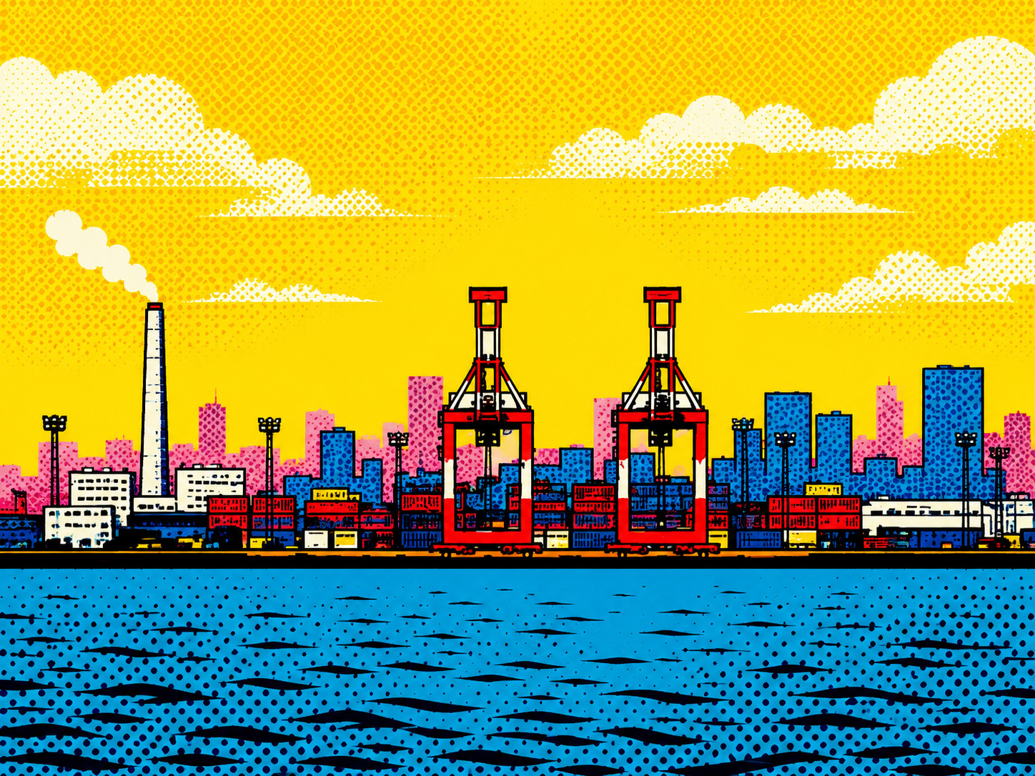黄色、シアン、マゼンタ、赤と太い黒線、ハーフトーンで描いた港