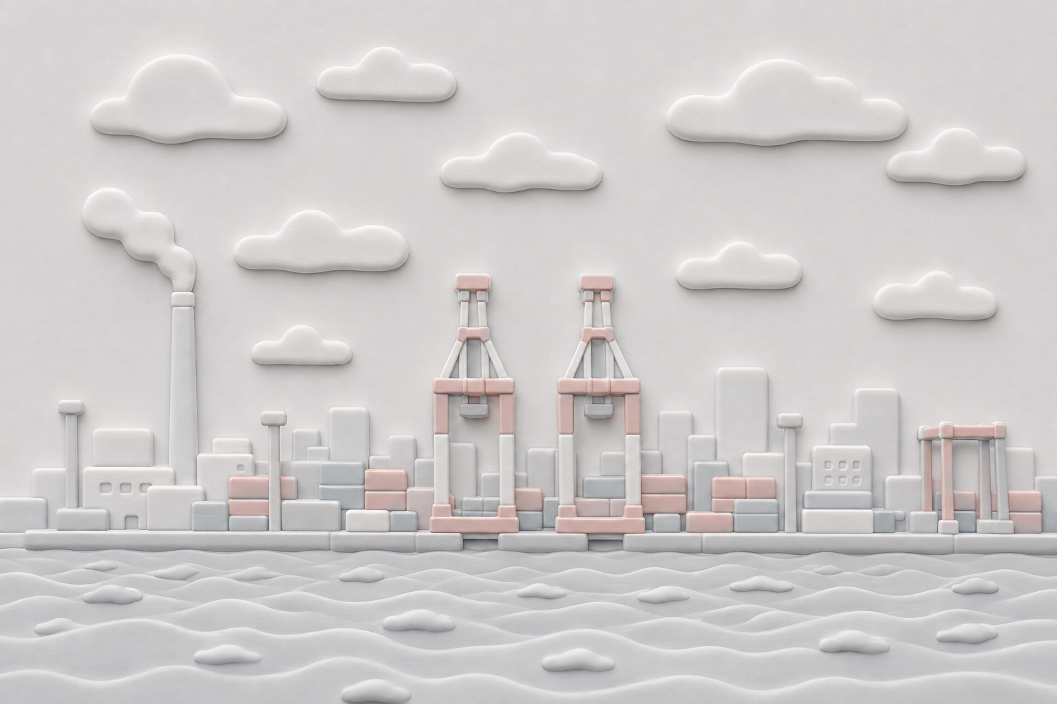 白と薄い灰色を基調に淡いピンクと青の柔らかな凹凸で港を表現した画像